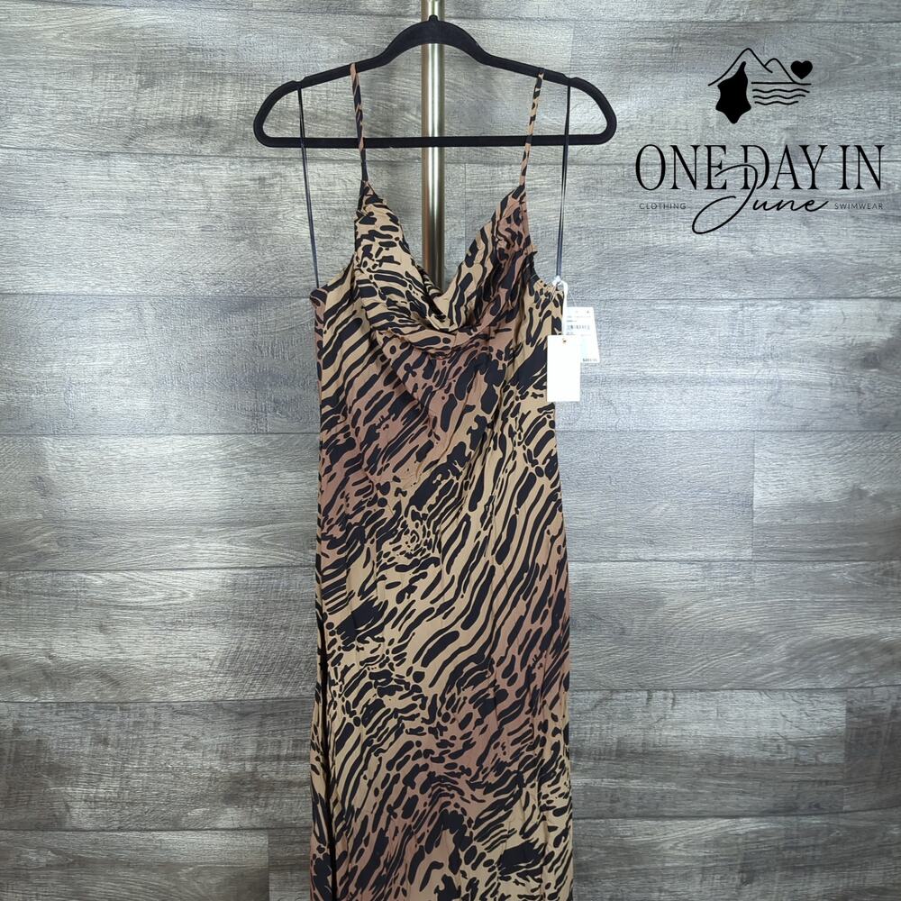 Good American Chiffon Bias Cowl Maxi Dress Warped Leopard NWT Size L